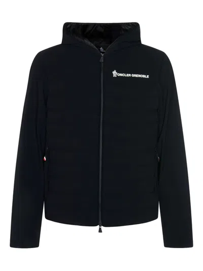 Moncler Striped Detailing Cotton Blend Hooded Jacket In Black