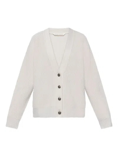 Palm Angels Long Sleeve V Neck Ribbed Knit Cardigan In White