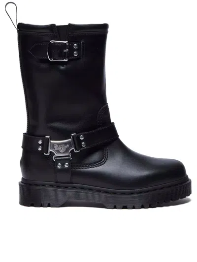 Dr. Martens Mid-calf Black Leather Boots With Silver-tone Hardware In Black