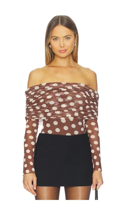 Afrm Maxine Ruched Off The Shoulder Mesh Bodysuit In Brown