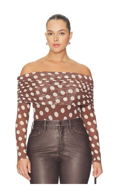 Afrm Maxine Ruched Off The Shoulder Mesh Bodysuit In Brown