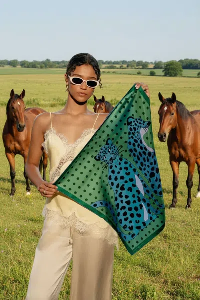Jessie Zhao New York Twin Leopards Double Sided Silk Scarf In Green