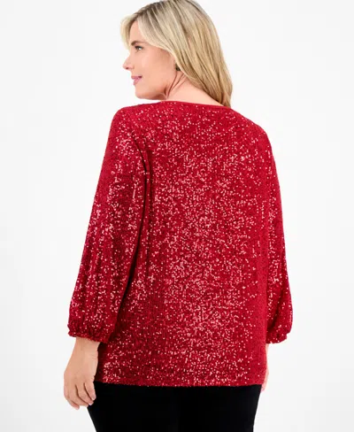 Jm Collection Plus Size Sequinned V-neck 3/4-sleeve Top, Macy's Exclusive In Red