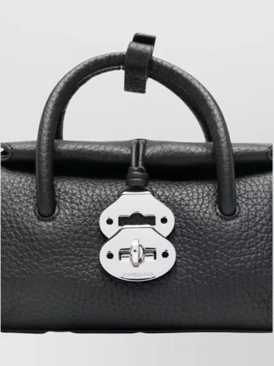 Zanellato Structured Black Hammered Leather Bag With Twist Lock Closure In Black