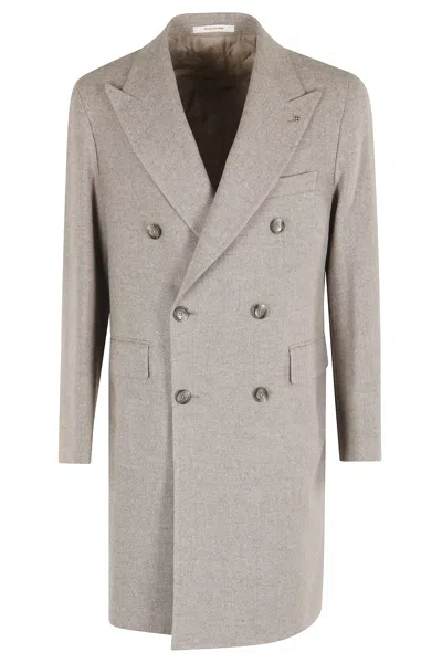 Tagliatore Double-breasted Sand Virgin Wool Coat With Pointed Lapel In Gray