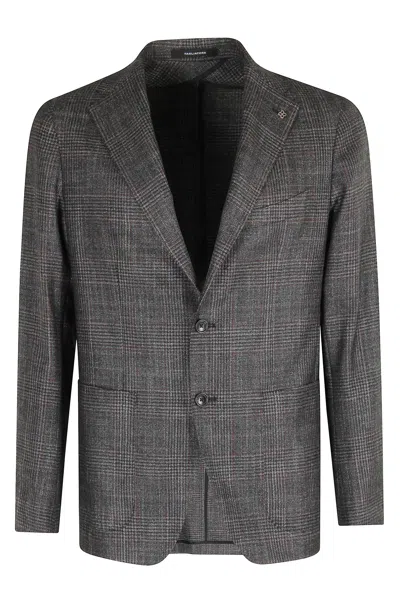 Tagliatore Checkered Wool-silk Blend Blazer With Peaked Lapel In Brown