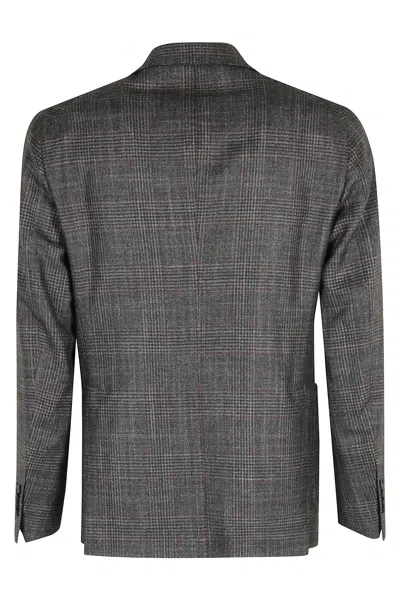 Tagliatore Checkered Wool-silk Blend Blazer With Peaked Lapel In Brown
