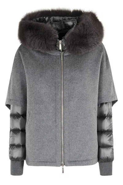 Moorer Short Cape In Dark Gray Cashmere Wool With Detachable Goose Down Jacket In Gray