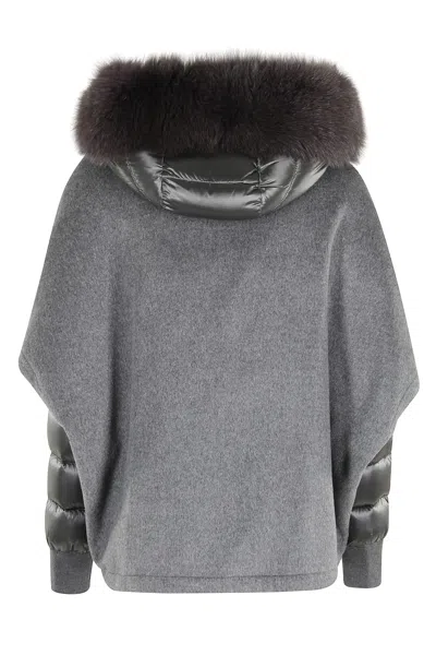 Moorer Short Cape In Dark Gray Cashmere Wool With Detachable Goose Down Jacket In Gray