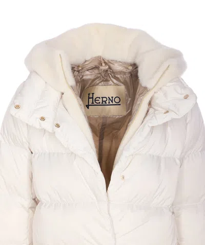 Herno A-shape Down Jacket In Satin And Lady Alternative Fur Clothing In White