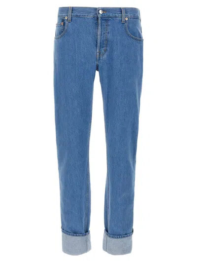 Gucci Blue Jeans With Logo Patch On The Rear And Web Turn-up Hem In Denim Man In Blue