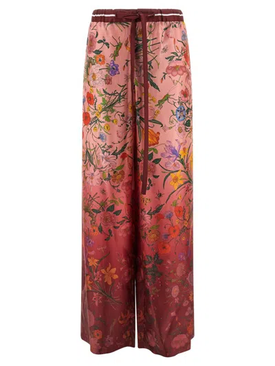 Gucci Women Bordeaux Pants With All-over Floral Print And Elastic Waist In Silk Woman In Pink