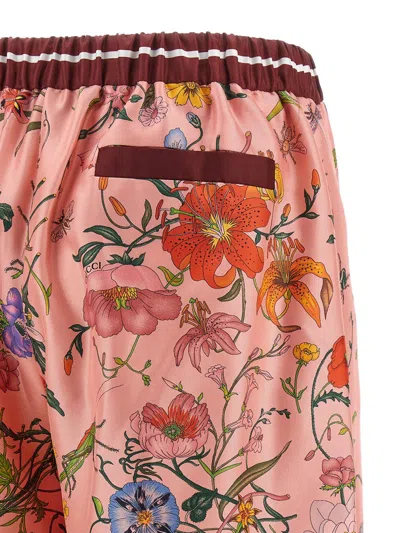 Gucci Women Bordeaux Pants With All-over Floral Print And Elastic Waist In Silk Woman In Pink