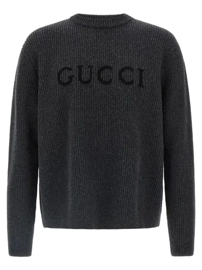 Gucci Grey Crewneck Sweater With Logo Lettering Embroidery On The Front In Wool Man In Gray