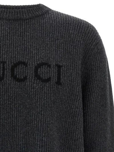 Gucci Grey Crewneck Sweater With Logo Lettering Embroidery On The Front In Wool Man In Gray