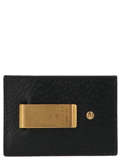 Gucci Black Leather Card Holder With Logo In Multicolor