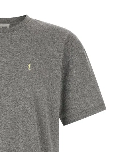 Saint Laurent Grey Crewneck T-shirt With Cassandre Embroidery In Cotton Man In Gray