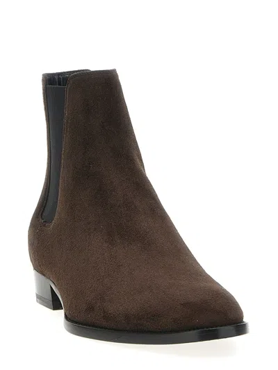 Saint Laurent Wyatt Suede Ankle Boots With Stacked Heel In Black