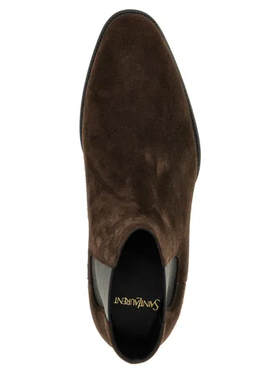 Saint Laurent Wyatt Suede Ankle Boots With Stacked Heel In Black