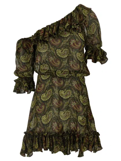 Saint Laurent One Shoulder Paisley Ruffle Dress In Red