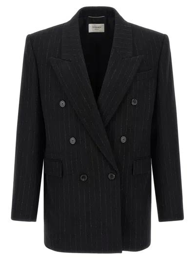 Saint Laurent Oversized Double Breasted Pinstripe Jacket In Black