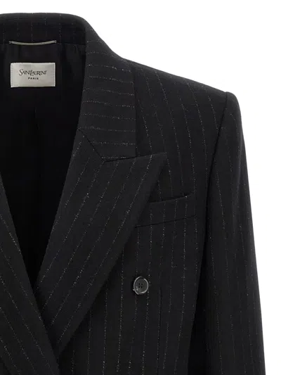 Saint Laurent Oversized Double Breasted Pinstripe Jacket In Black