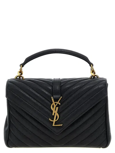 Saint Laurent College Medium Flap Ysl Shoulder Bag In Quilted Tweed In Blue
