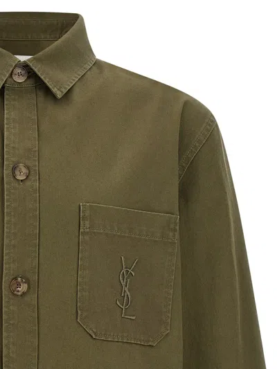 Saint Laurent Green Shirt With Classic Collar And Cassandre Embroidery On The Front In Cotton Man
