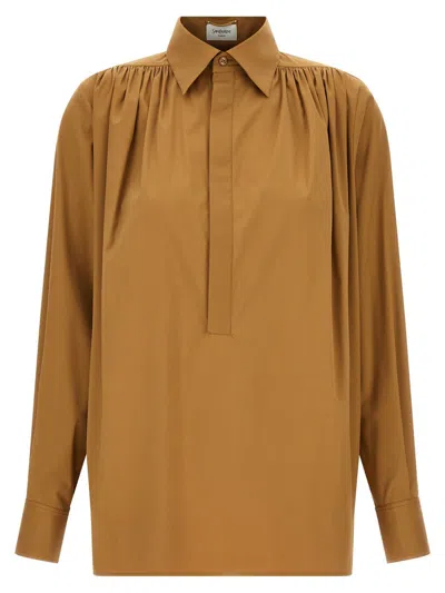 Saint Laurent Gathered Cotton-blend Blouse In Brown