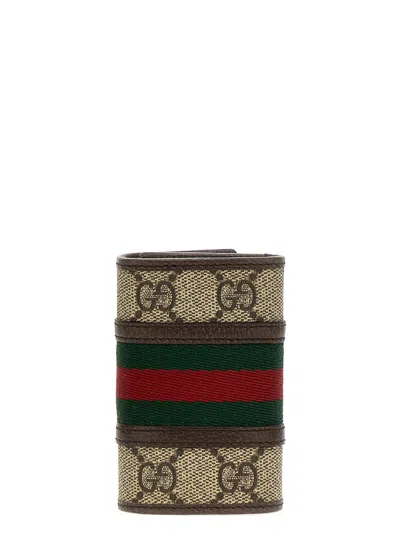 Gucci Gg Supreme Fabric And Leather Key Ring In Brown