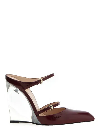 Gucci Pointed Toe Transparent Heel Wedge Pumps In Burgundy