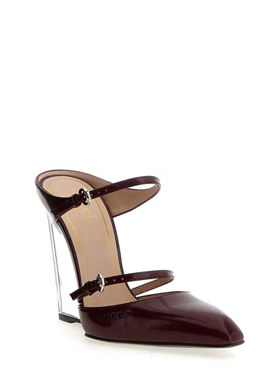Gucci Pointed Toe Transparent Heel Wedge Pumps In Burgundy