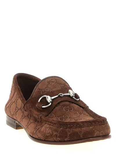 Gucci Men Suede Loafers With All-over Gg Motif In Brown