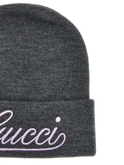 Gucci Wool Beanie With Front Embroidered Logo In Pastel Purple In Gray