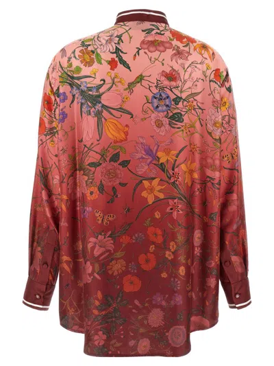 Gucci Bordeaux Shirt With Collar With Bow And All-over Flora Print In Silk Woman In Multi