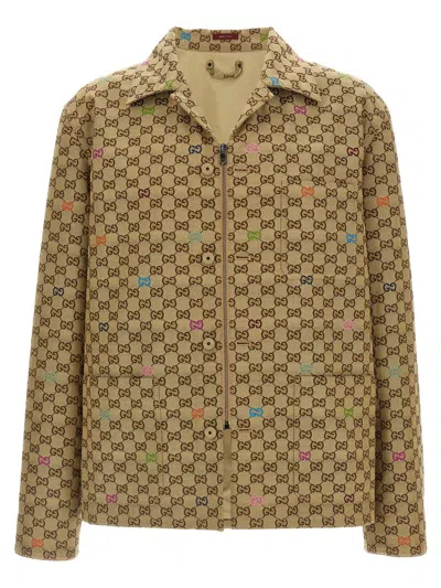 Gucci Beige Shirt With Spread Collar And Two Front Welt Pockets In Gg Canvas Man In Multi