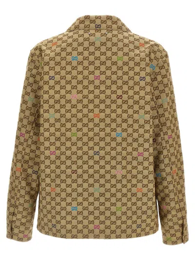 Gucci Beige Shirt With Spread Collar And Two Front Welt Pockets In Gg Canvas Man In Multi