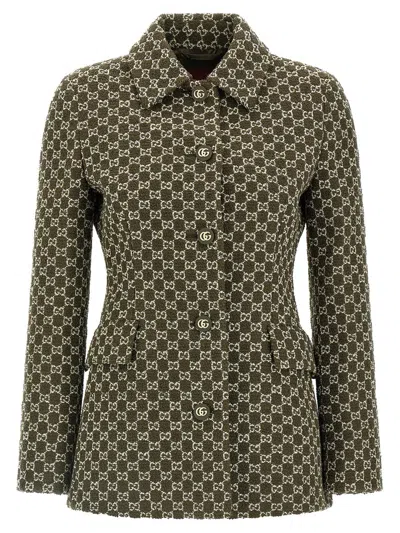 Gucci Monogram Patterned Cotton Blend Jacket In Green