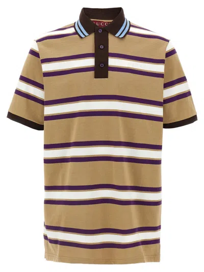 Gucci Beige Polo Shirt With Logo Imprinted On The Front And All-over Striped Motif In Cotton Man In Multi
