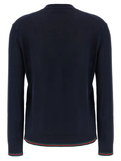 Gucci Women Blue Cardigan With Web Detail On The Edges In Cashmere And Silk Blend Woman In Blue