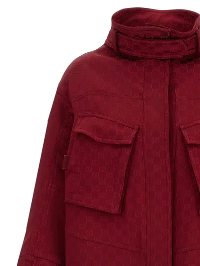 Gucci Monogram High Collar Long Length Jacket In Burgundy