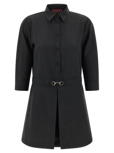 Gucci Womens Horsebit Long-sleeves Wool Mini Dress Ardesia Grey In Black