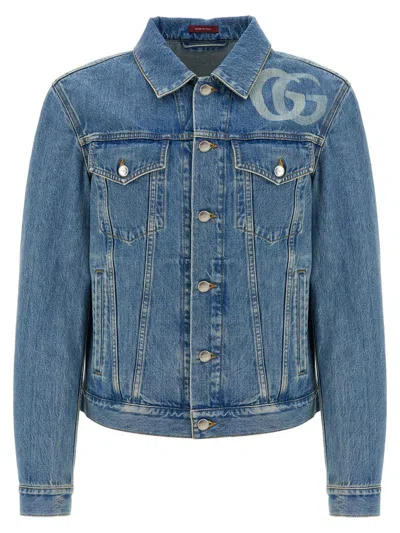 Gucci Light Blue Jacket With Gg Logo Print On The Front In Denim Man In Black