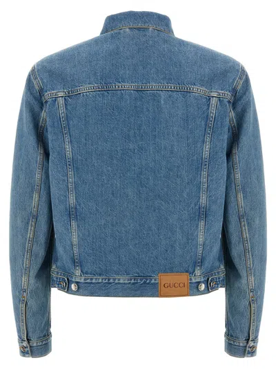 Gucci Light Blue Jacket With Gg Logo Print On The Front In Denim Man In Black