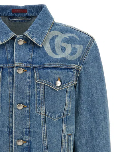 Gucci Light Blue Jacket With Gg Logo Print On The Front In Denim Man In Black