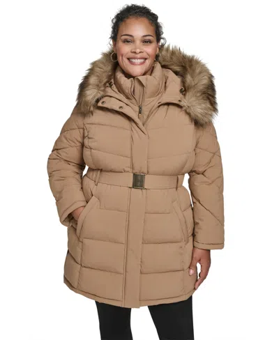 Tommy Hilfiger Plus Size Hooded Puffer Coat In Brown