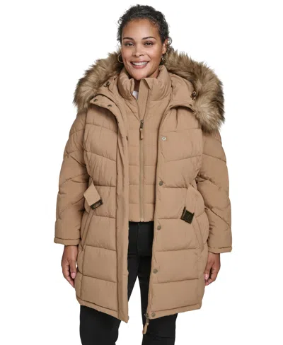 Tommy Hilfiger Plus Size Hooded Puffer Coat In Brown
