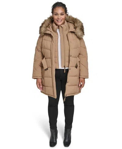 Tommy Hilfiger Plus Size Hooded Puffer Coat In Brown