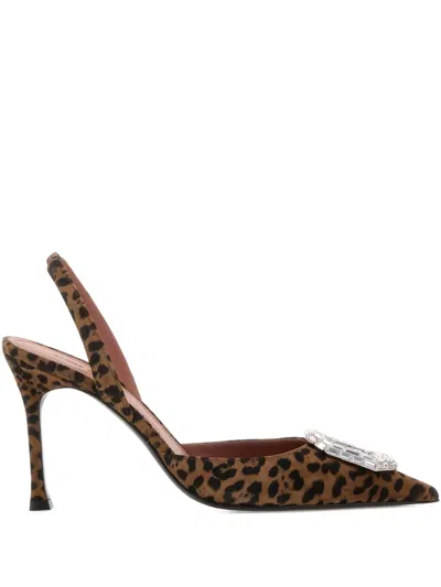 Amina Muaddi Pointed-toe Slingback Heels With Crystal Embellishment In Animal Print