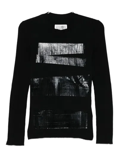Mm6 Maison Margiela Knitwear With Glossy Panel And Ribbed Texture In Black